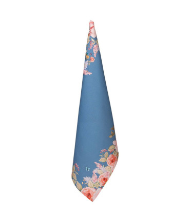 Torchon 100% coton bleu motif fleuri 50x70cm