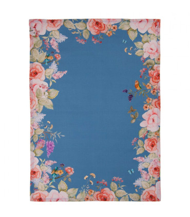 Torchon 100% coton bleu motif fleuri 50x70cm