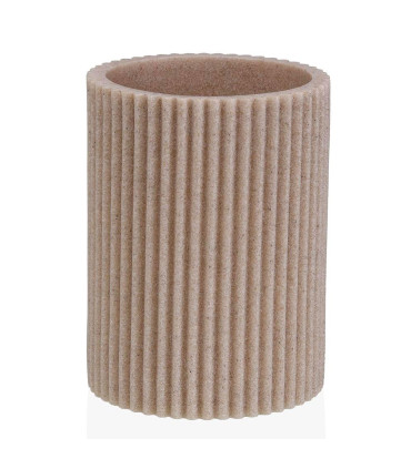 Porte brosse à dents en résine beige stries 7x7x10cm