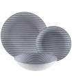 Service de 18 assiettes en porcelaine rayées bleues: plates, creuses et à dessert