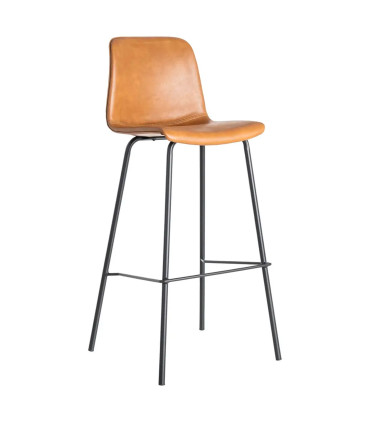 Tabouret de bar vintage similicuir camel et métal noir 47x47x103cm