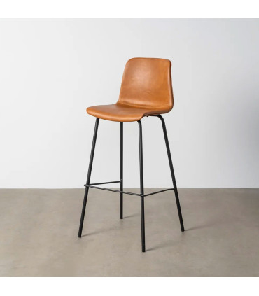 Tabouret de bar vintage similicuir camel et métal noir 47x47x103cm