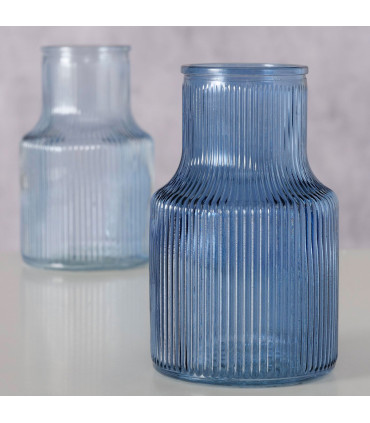 Set de 2 vases en verre strié bleu 9x9x14.5cm