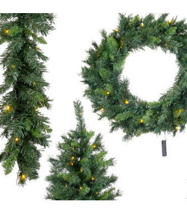 Set de 4 éléments LED déco extérieure de Noël guirlande, sapin et couronne