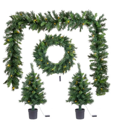 Set de 4 éléments LED déco extérieure de Noël guirlande, sapin et couronne