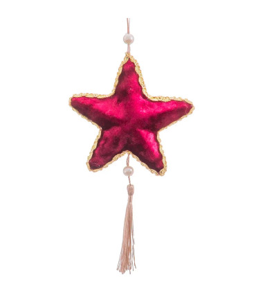 Décoration sapin de noël à suspendre étoile tissu rouge et doré  5x5x9cm