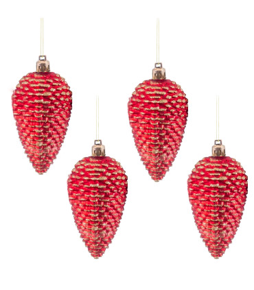Set de 4 décoration de Noël à suspendre pomme de pin rouge 5x5x9cm