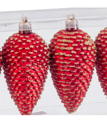Set of 4 Christmas Balls pine cone red 8x3x6cm