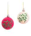 Set de 2 boules de Noël rouge et beige feuillage 6cm