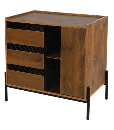 Commode 3 tiroirs et 1 porte bois et métal noir 80x40x75cm