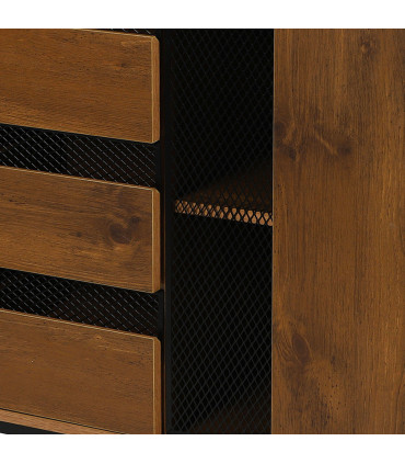 Commode 3 tiroirs et 1 porte bois et métal noir 80x40x75cm