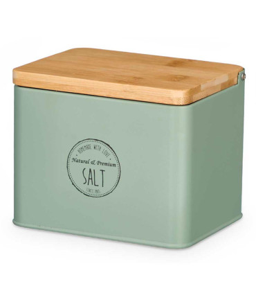 Salt Conservation Pot green metal and bamboo 11x11x14cm
