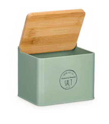Salt Conservation Pot green metal and bamboo 11x11x14cm