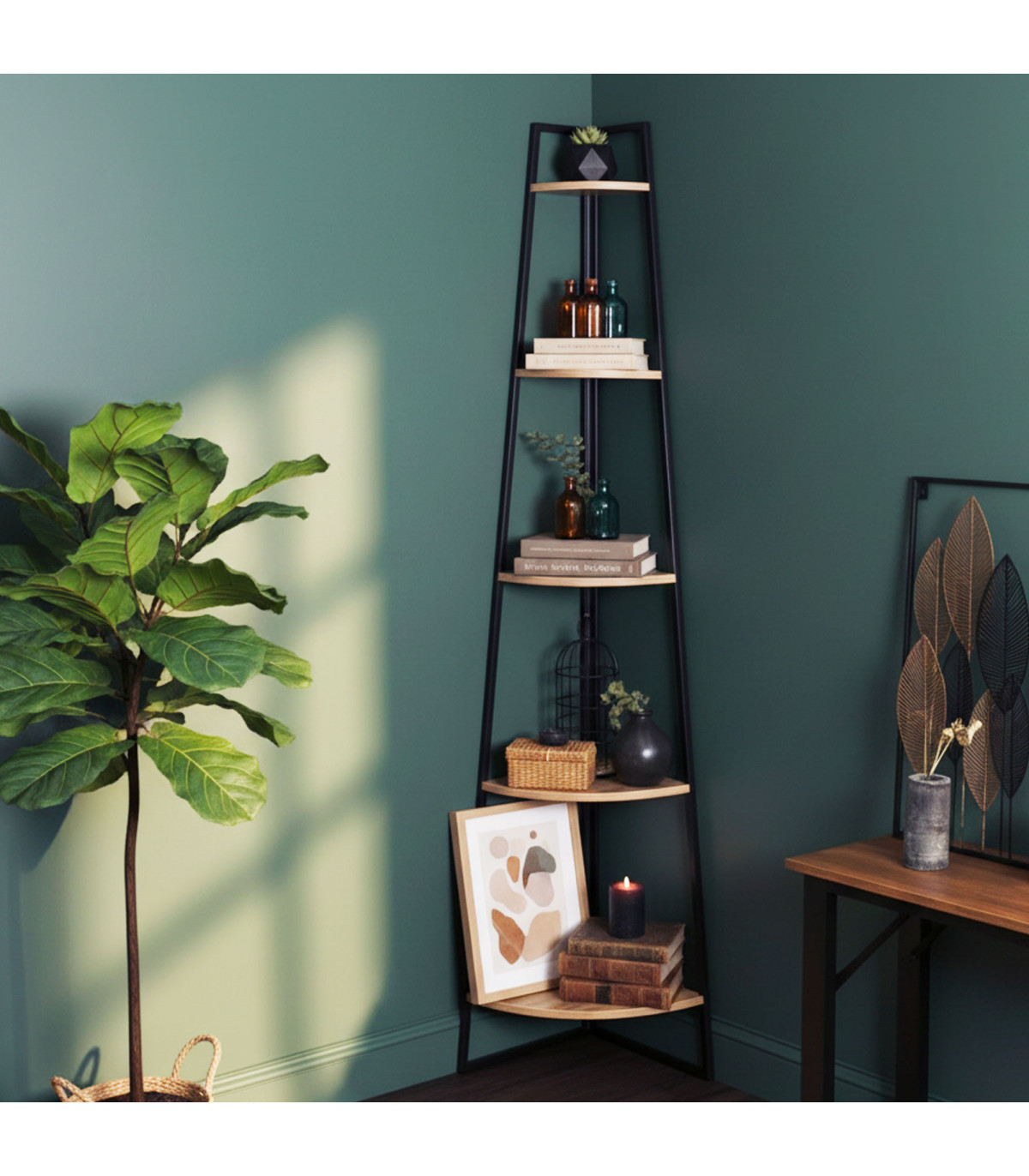 Étagère D'Angle 5 Niveaux MDF Et Métal Noir Et Beige - Rangement Pratique Hauteur 180 Cm
