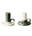 Set of 2 candle holders green and white ceramic 9cm