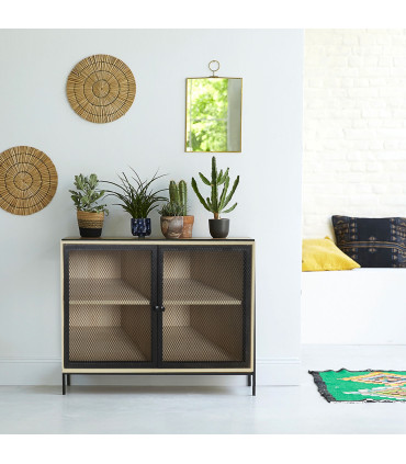 Buffet bois et portes en métal grillagé 100x40x75cm