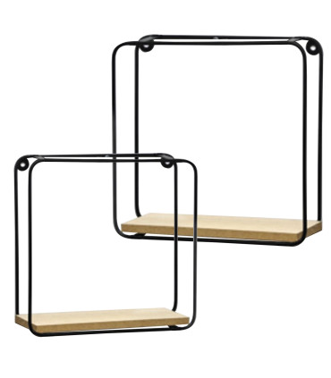 Set de 2 étagères murales en métal noir et bois 21x10x21cm