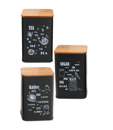 Set de 3 boîtes de cuisine en métal noir et bois café, thé, sucre 9.5x9.5x14.5cm