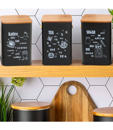 Set de 3 boîtes de cuisine en métal noir et bois café, thé, sucre 9.5x9.5x14.5cm