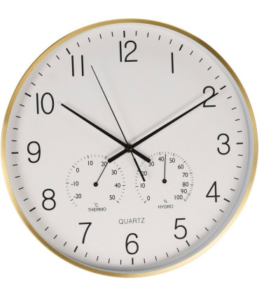 Horloge murale ronde aluminium doré thermomètre + hygromètre 38x38x4cm