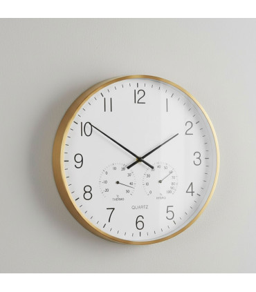 Horloge murale ronde aluminium doré thermomètre + hygromètre 38x38x4cm
