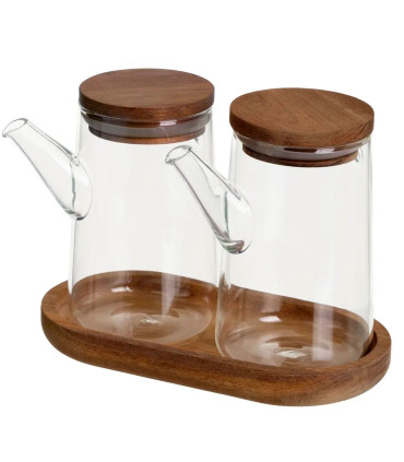 Set huile et vinaigre en verre avec support en bois d'acacia 300ml