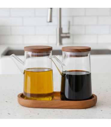 Set huile et vinaigre en verre avec support en bois d'acacia 300ml