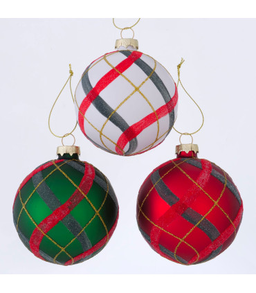 Set de 3 boules de Noël en verre rouge, vert, blanc 10x10cm