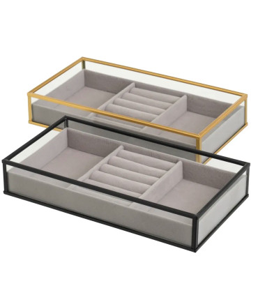 Set de 2 plateaux à bijoux verre et métal noir et doré 23x12x4cm