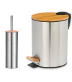 Poubelle salle de bain en métal chromé et bambou + brosse WC