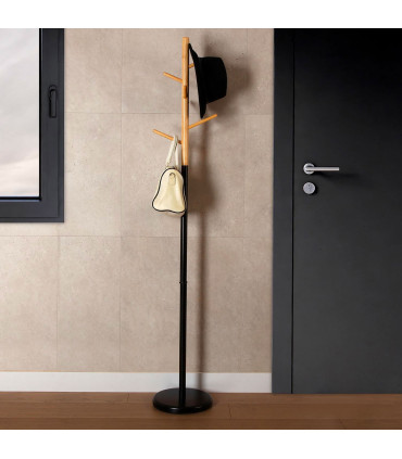 Porte-manteau sur pied rond noir et bois 28x28x171cm