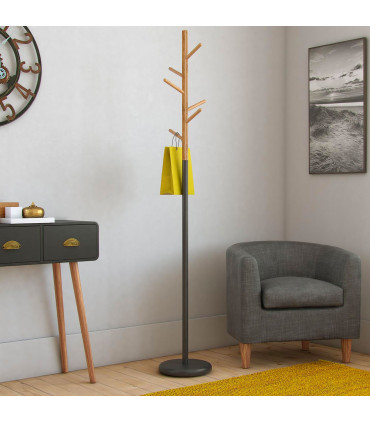 Porte-manteau sur pied rond noir et bois 28x28x171cm