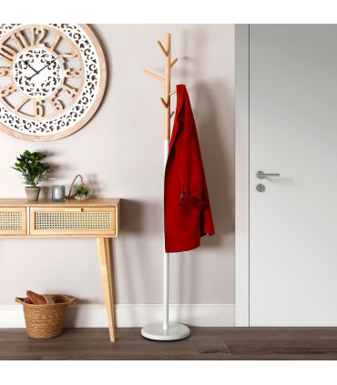 Porte-manteau sur pied rond blanc et bois 28x28x171cm