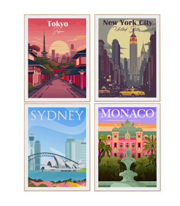 Set of 4 Wall Decoration cities 30x40cm