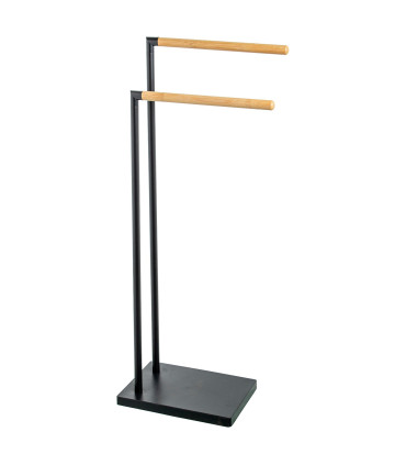 Porte serviette sur pied en métal noir et bois 2 bras 37x20x79cm