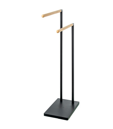 Porte serviette sur pied en métal noir et bois 2 bras 37x20x79cm