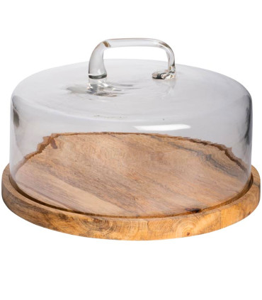 Plat à gâteau rond en bois de manguier avec cloche en verre 30x30x19cm