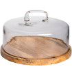 Plat à gâteau rond en bois de manguier avec cloche en verre 30x30x19cm