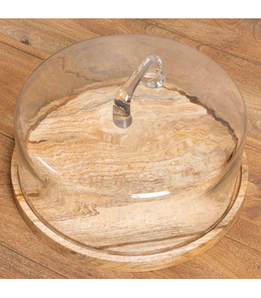 Wood Cake Stand with glass bell 30x30x19cm