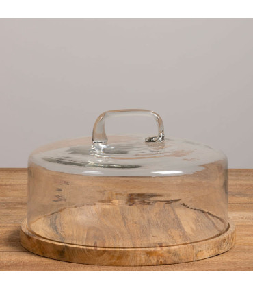 Wood Cake Stand with glass bell 30x30x19cm