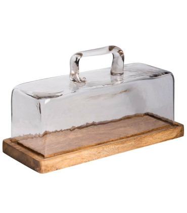 Plat à cake en bois de manguier avec cloche en verre 14x32x14cm