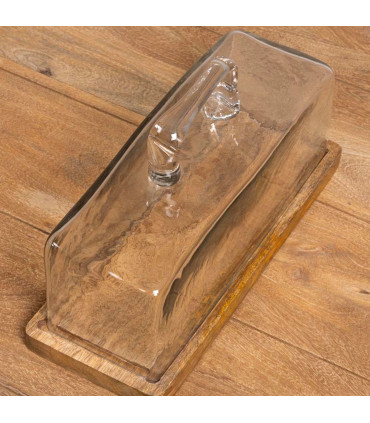 Plat à cake en bois de manguier avec cloche en verre 14x32x14cm