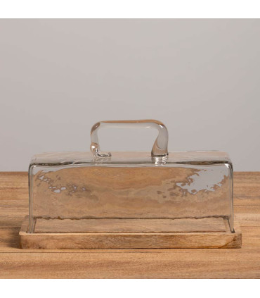 Plat à cake en bois de manguier avec cloche en verre 14x32x14cm