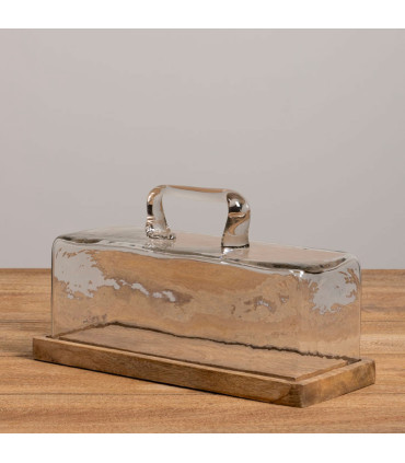 Plat à cake en bois de manguier avec cloche en verre 14x32x14cm