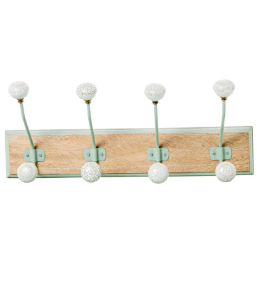 Portemanteau mural bois, métal vert et céramique 4 crochets 48x2x10cm
