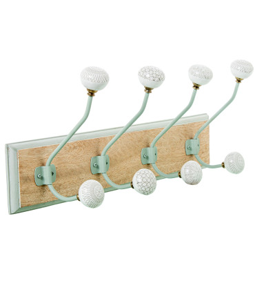 Portemanteau mural bois, métal vert et céramique 4 crochets 48x2x10cm