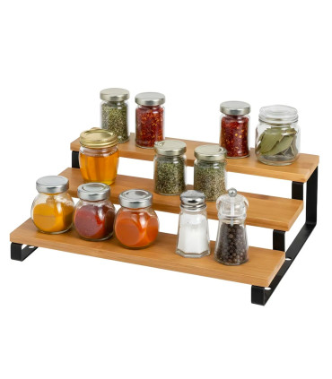 Étagère pour pots à épices métal noir et bambou 32x24x9.5cm