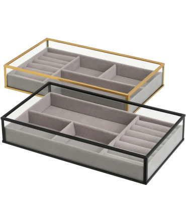Set de 2 plateaux à bijoux verre et métal noir et doré 25x14x4.5cm