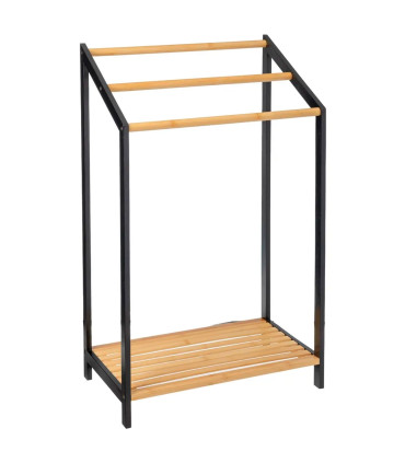 Porte serviette sur pied en bambou noir avec étagère 51x31x85cm