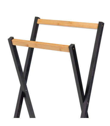Porte serviette sur pied pliable noir et bambou 44x40x82cm